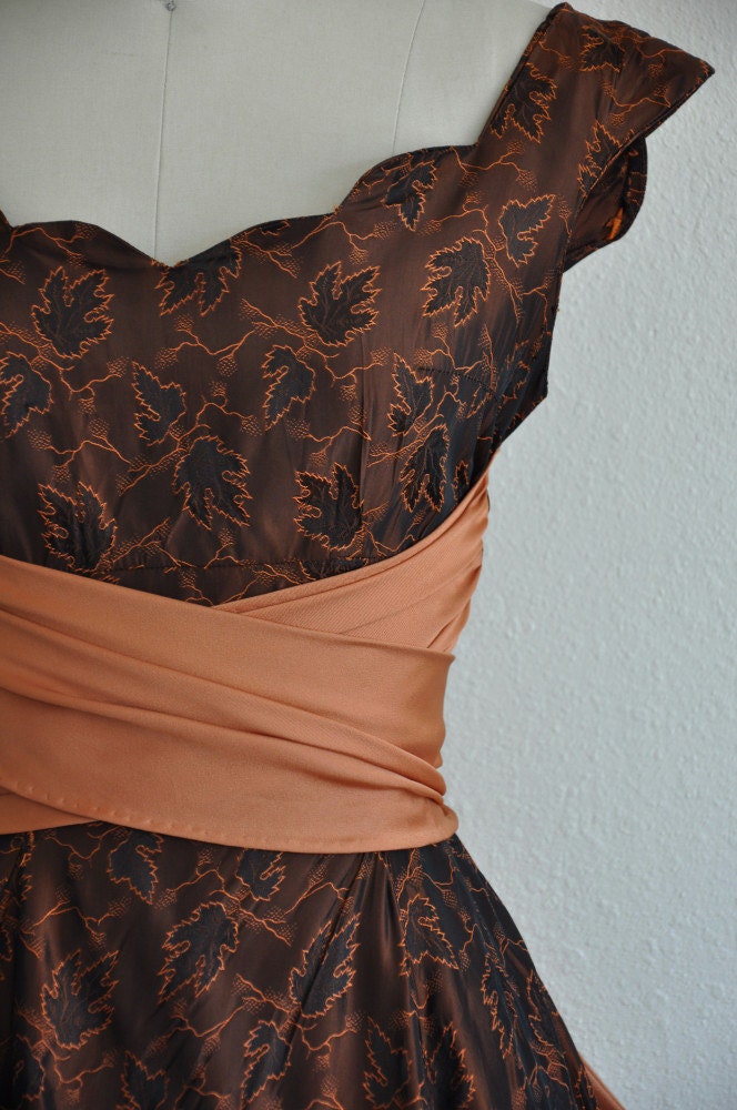 r e s e r v e d...vintage 1950s cocktail dress/  1950s 50s jacquard cocktail dress/ Bronze Beauty