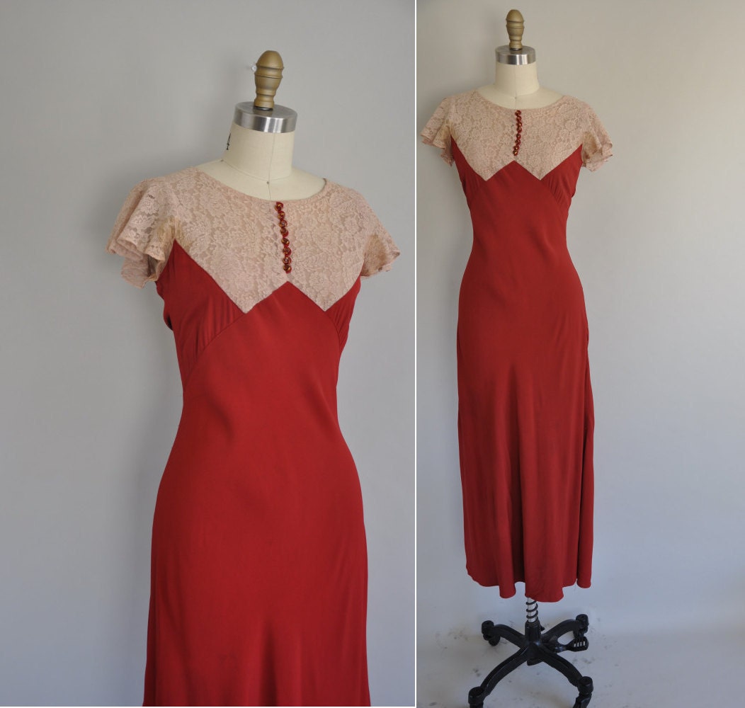 vintage 1930s 30s lace dress / 30s crimson red rayon lace dress / Why Dont You Come Over Here