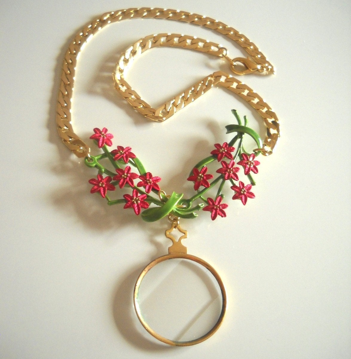 Red Enamel Flower and Vintage Optic Lens Statement Necklace