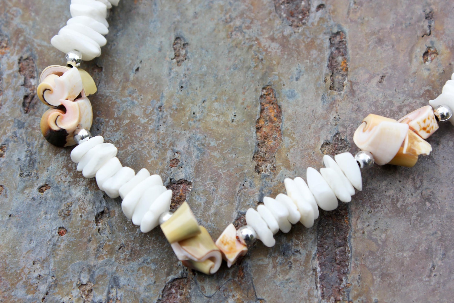 Necklace: SQUARE White Litub Shells with Curly Shells and Metallic Beads