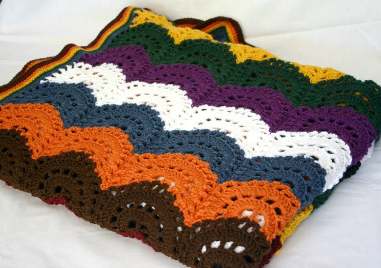 Fall Afghan throw crocheted lap blanket red white orange forest green golden yellow blue purple brown home decor washable