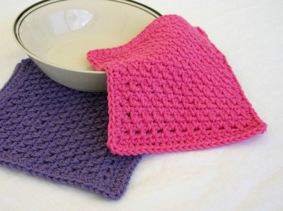 Crocheted cotton dishcloths pink purple set of 2 bright cleaning square functional eco-friendly washing scrubbers summer duo