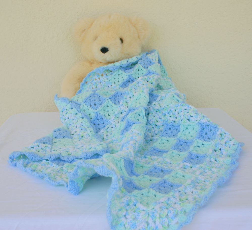 Baby boy blanket crocheted afghan blue green white variegated granny squares small infant nursery crib decor shell stitch border