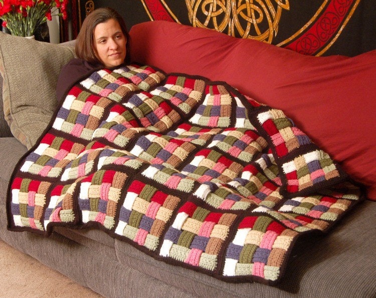 Basket weave afghan blanket crochet thick lap throw home decor red pink green chocolate brown tan black white royal blue coverlet washable