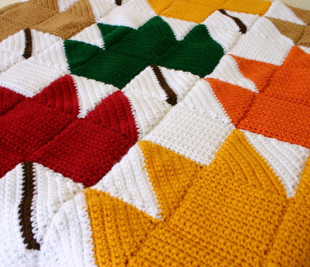 Leaves afghan throw fall foliage crochet blanket red gold orange green brown white squares autumn home decor coverlet washable