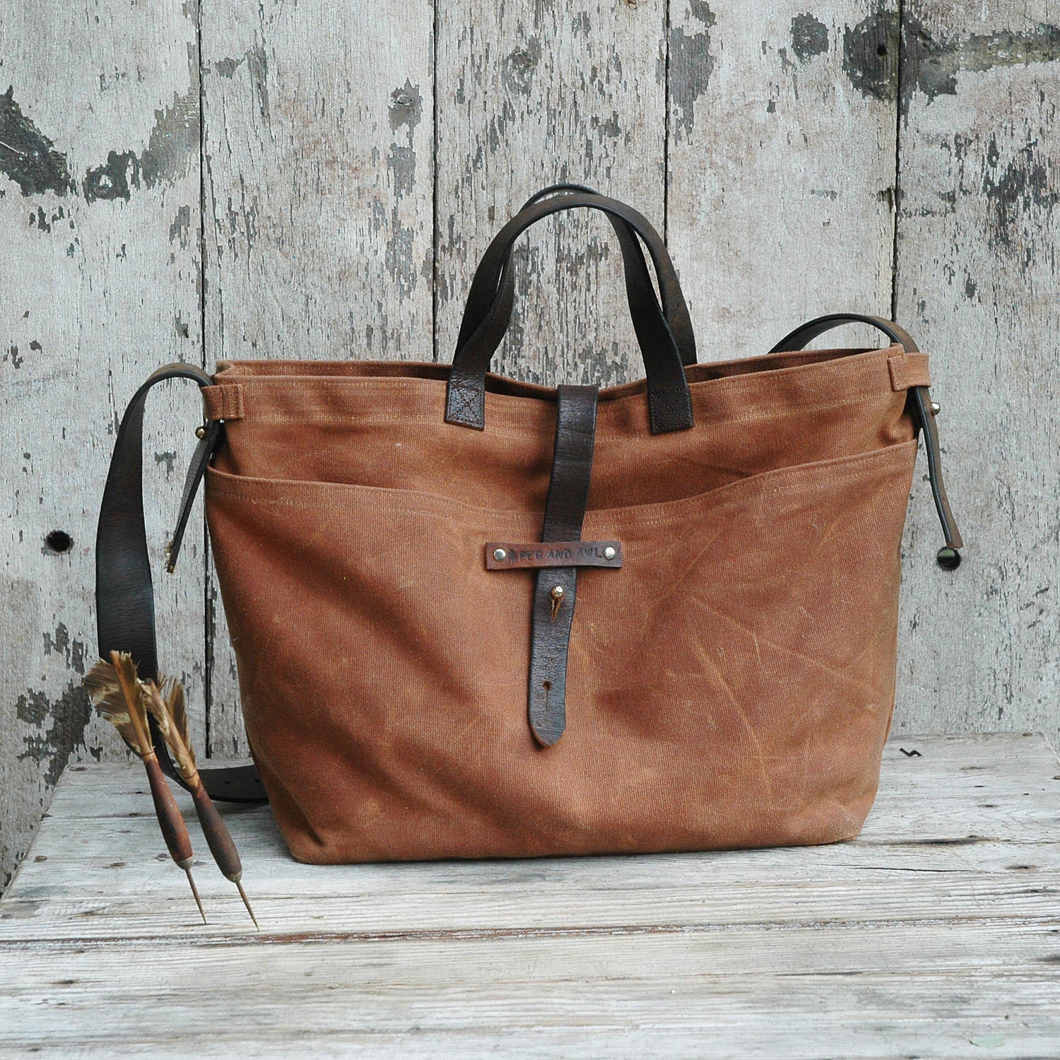 Waxed Canvas Tote: Spice, antique military leather, antique fabric pocket. - PegandAwl