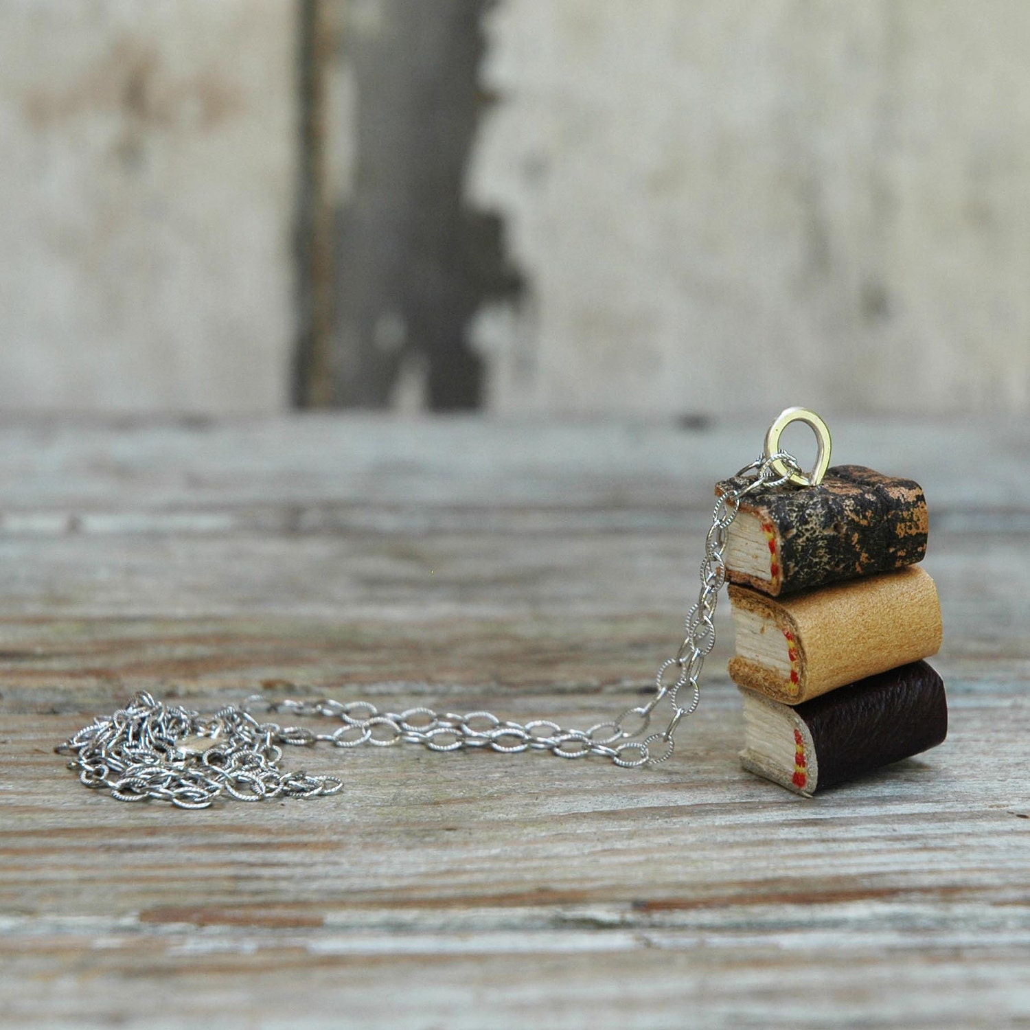 Stacks Book Necklace: Indian Summer Trio, reclaimed leather, silver.