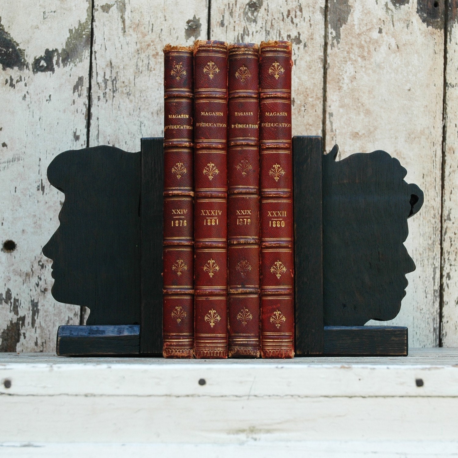 Bookends: Female Criminal Minds, reclaimed oak, black milk paint.