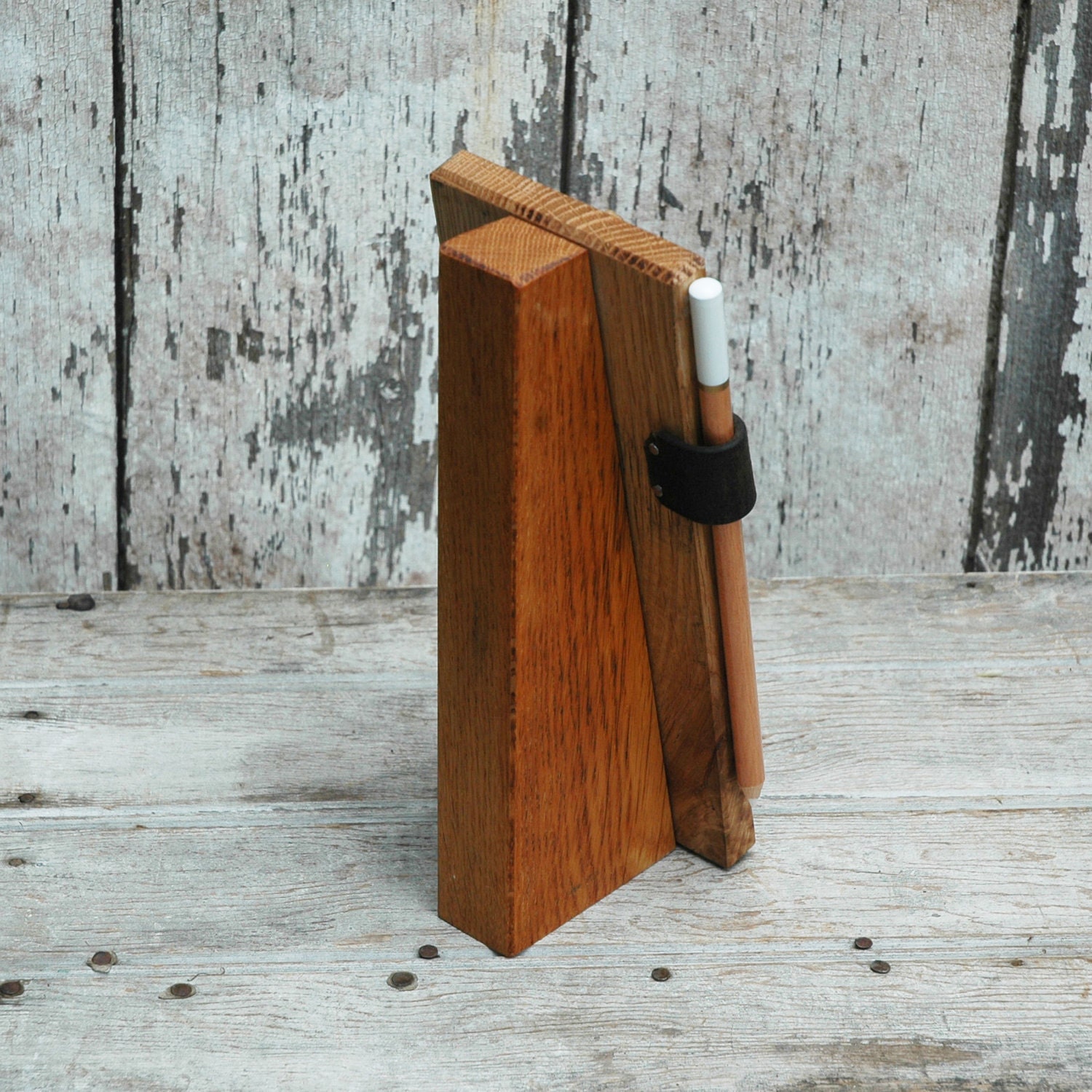 Chalkboard Tablet and Stand: Reclaimed wood and leather.
