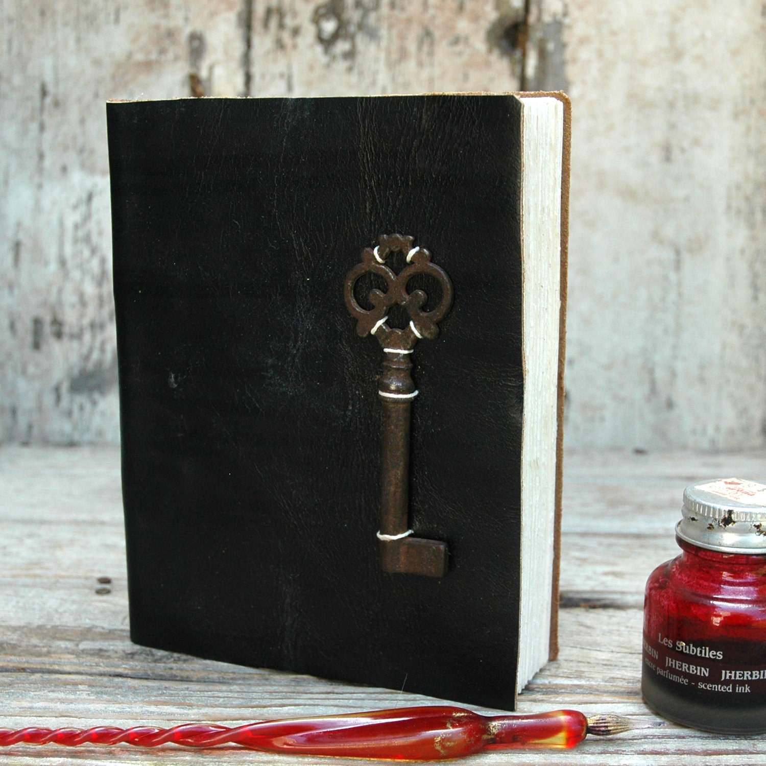 Leather Journal: Black reclaimed leather with Victorian key.