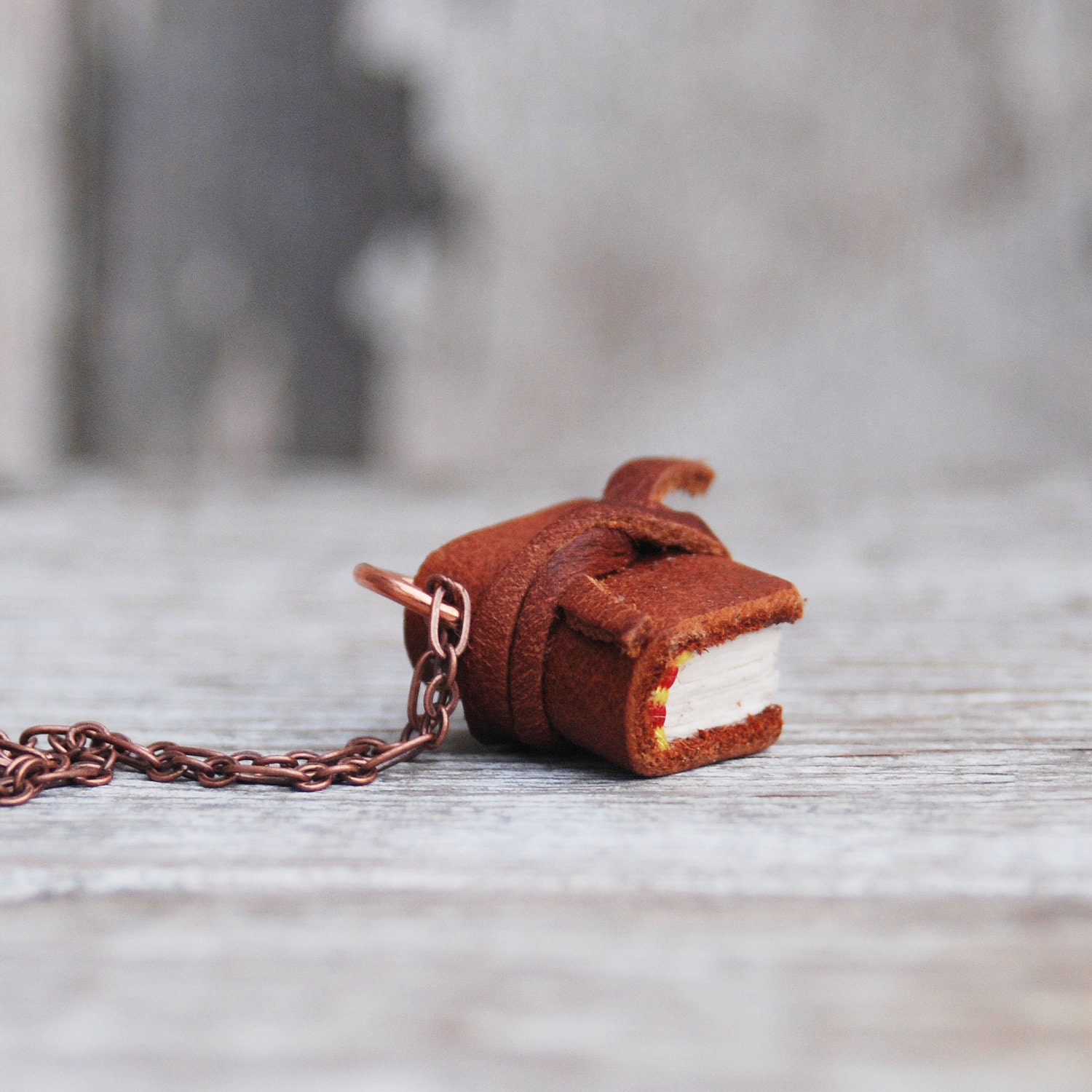 Book Necklace: Small, brown with tie.