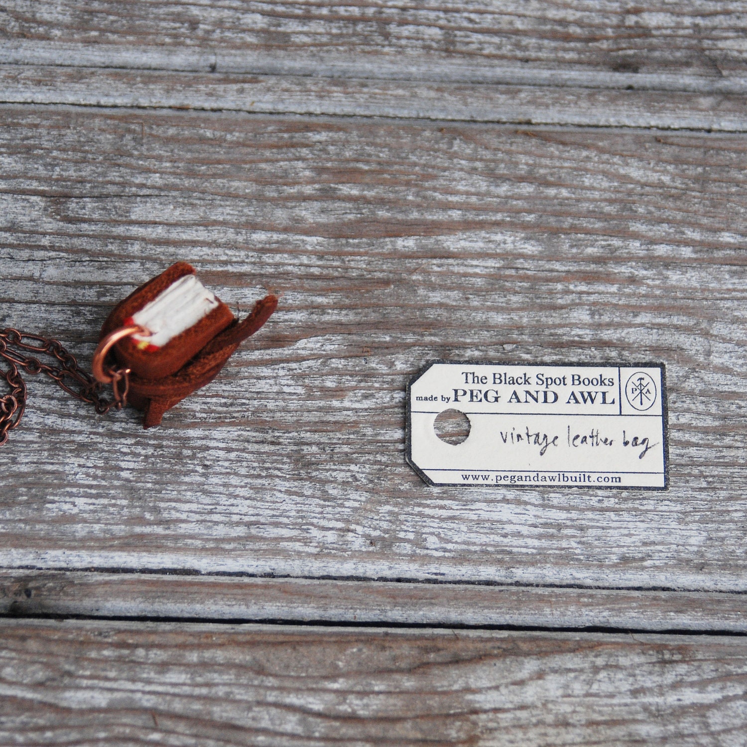 Book Necklace: Small, brown with tie.