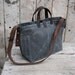 Waxed Canvas Tote: Slate, antique military leather, antique fabric pocket.