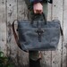 Waxed Canvas Tote: Slate, antique military leather, antique fabric pocket.