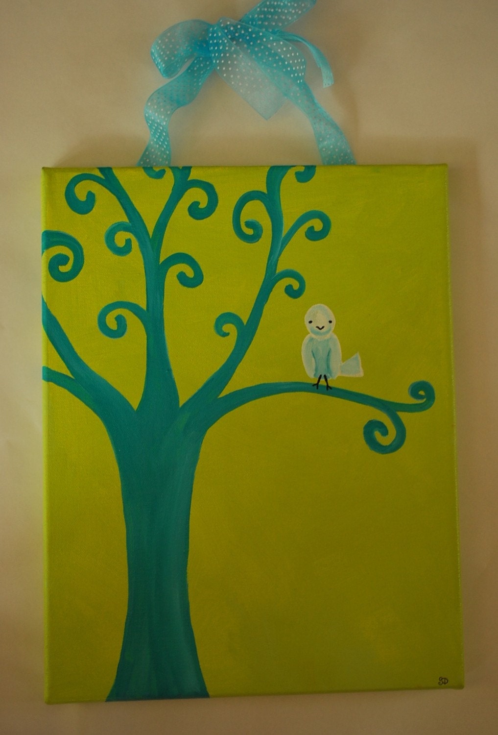 On a Willowbird Branch: bird and tree  blue and green whimsical original painting