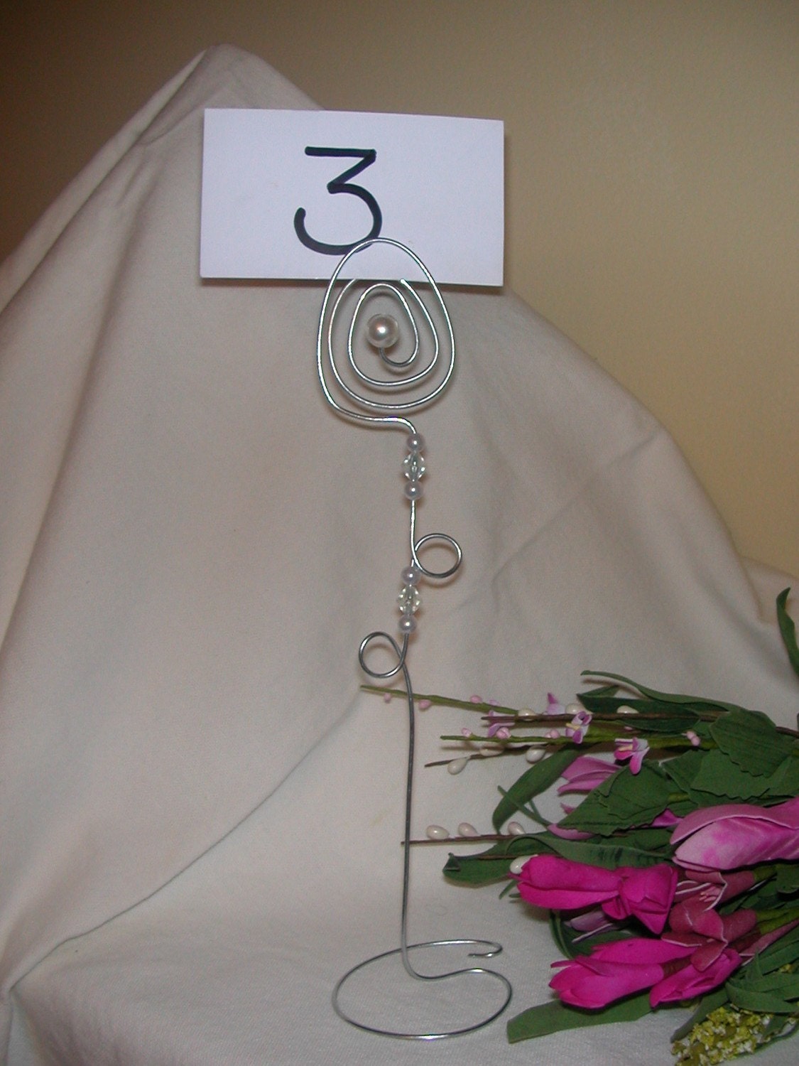 Only 3.25 each..12 Wedding Table Number Holders / Place card holders.. 9 Inch. Whimsical    (SILVER WIRE SPIRAL with pearls and Crystals )