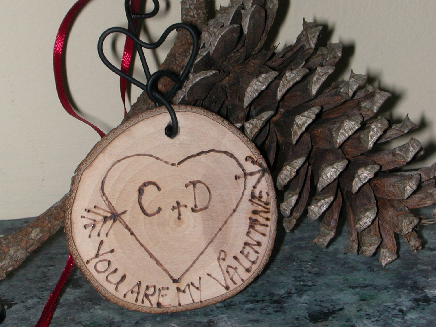 Personalized solid wood  LOVE HEART  rustic style ' You Are My VALENTINE '  tree  branch ornament
