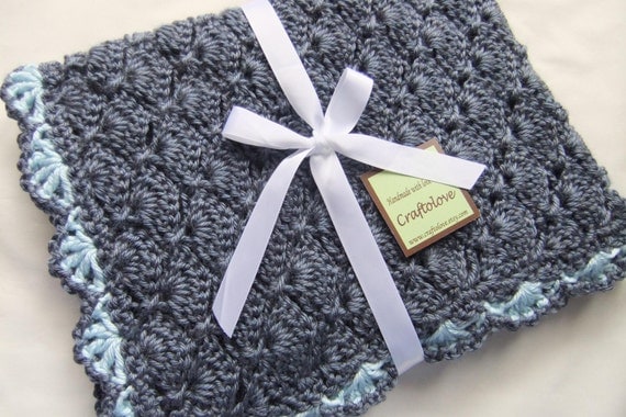 Baby Boy Blankets - Crochet Baby Boy Blankets - Denim Blue Panel Shells Stroller/Travel/Car seat blanket