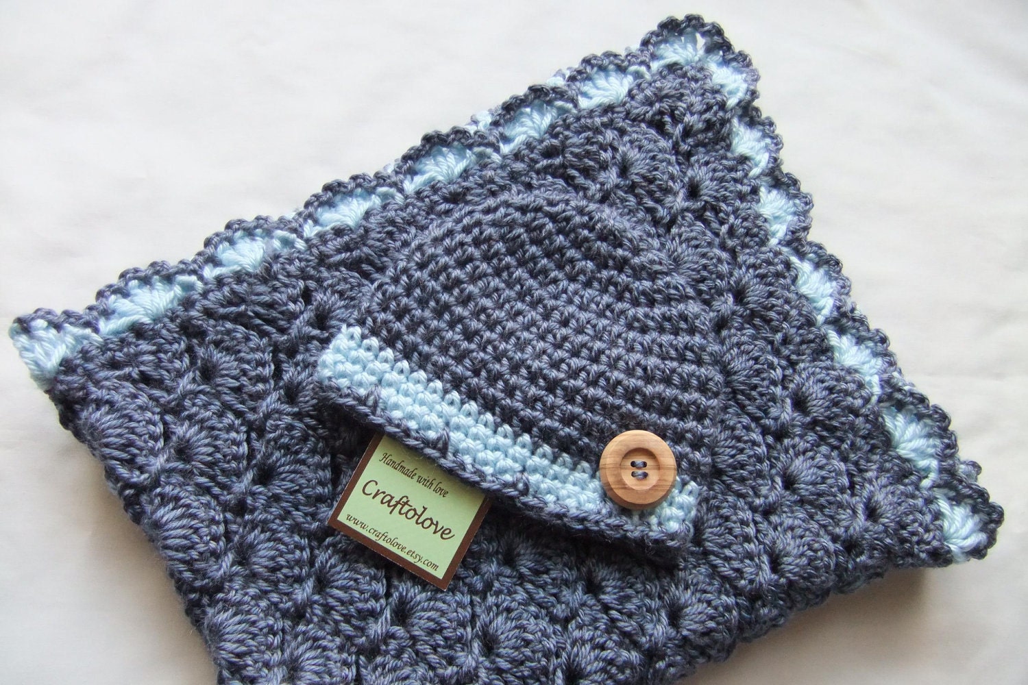 Baby Boy Shower Gift Set - Baby Boy Blanket - Denim Blue Stroller/Travel blanket and hat - Crochet baby blanket