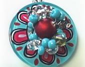 Aqua and Red Button and Bead Pendant
