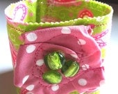 Lime Green and Hot Pink Fabric Cuff Bracelet with Fabric Rose Flower and Button Closure