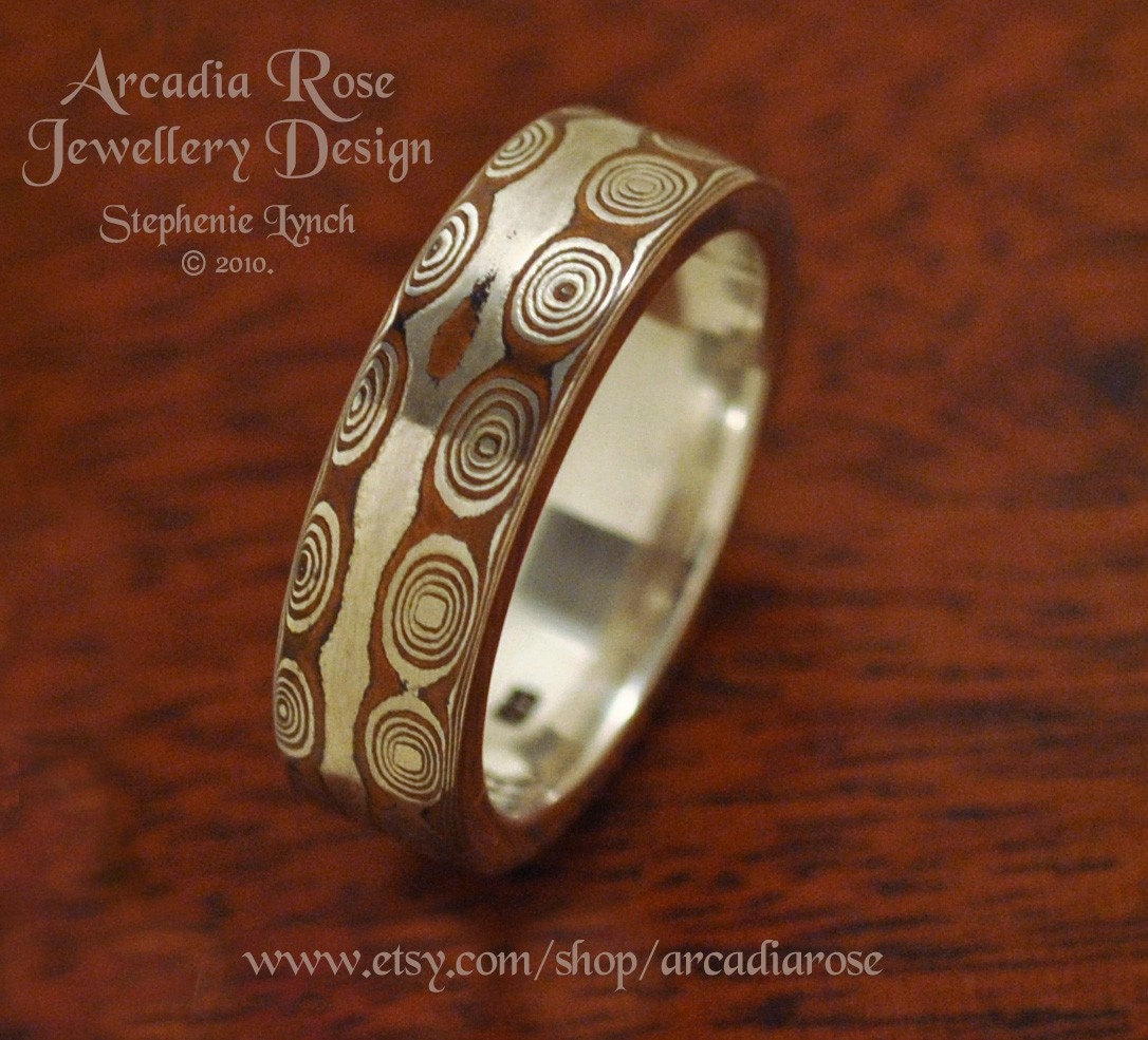 Mokume Gane - Size 7 3/4. (U.S.) Size P 1/2. Etched Double Ring - Wide Band - Raindrop Pattern/Sterling Silver Liner by Stephenie Lynch.