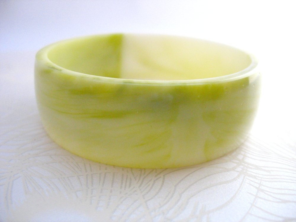 Bright Chartreuse Green Resin Bangle Bracelet Jewelry , White Broad Chunky Abstract Bracelet Handmade Petite Hands Caterpillar green