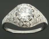Platinum Diamond Engagement Ring - European cut diamond 1.2ct center stone milgrain setting Vintage fine ring 1920s ref.12131-0063
