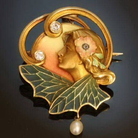 Art Nouveau enamel pin brooch woman and wings