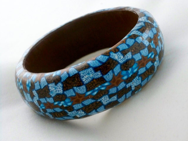Blue and brown bangle bracelet clay intricate pattern geometric - HiGirls Blue and brown bangle bracelet clay intricate pattern geometric - HiGirls