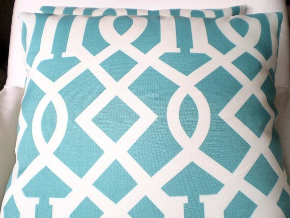 OUTDOOR Pillows Decorative Throw Pillows Cushion Covers Turquoise Cream Trellis Indoor Outdoor ...