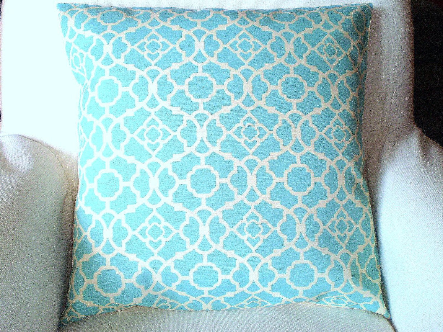 Accent Pillows As Featured In Good Housekeeping Magazine Pillow Cushion Cover Lovely Lattice Outdoor Aqua Cream BOTH SIDES - One 18 x 18