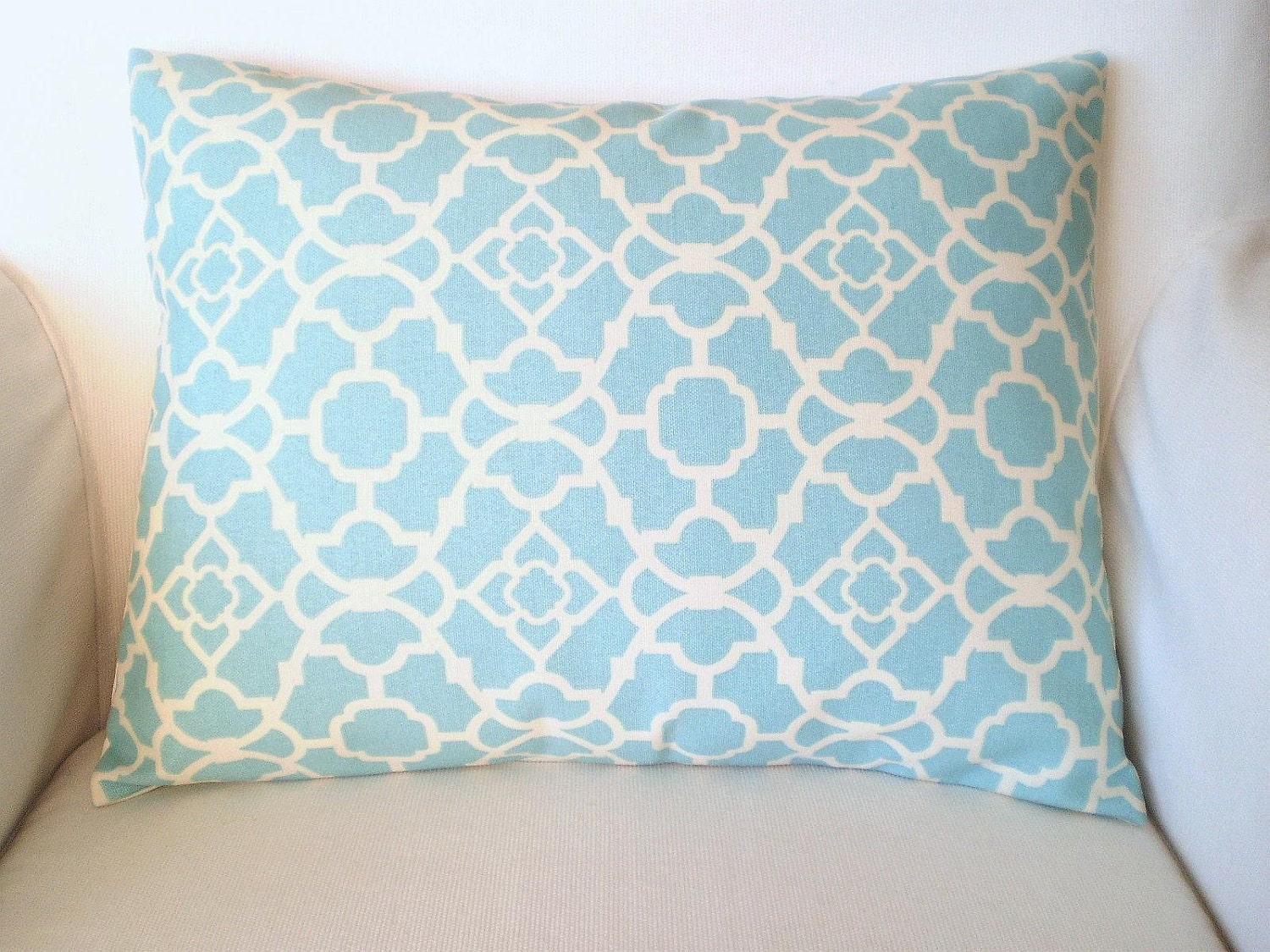 OUTDOOR Throw Pillow Decorative Pillows Accent Pillows Cushion Cover 12 x16  Lumbar Aqua Cream Lovely Lattice Waverly BOTH SIDES