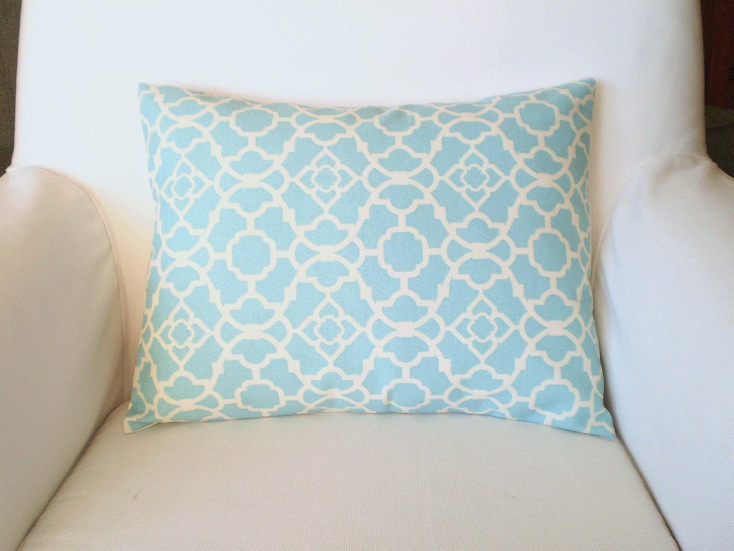 OUTDOOR Throw Pillow Decorative Pillows Accent Pillows Cushion Cover 12 x16  Lumbar Aqua Cream Lovely Lattice Waverly BOTH SIDES
