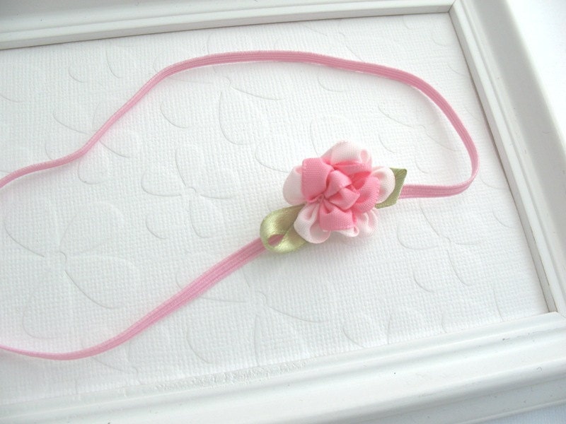 Newborn Baby Headband with Tiny Pink Satin Rose Flower