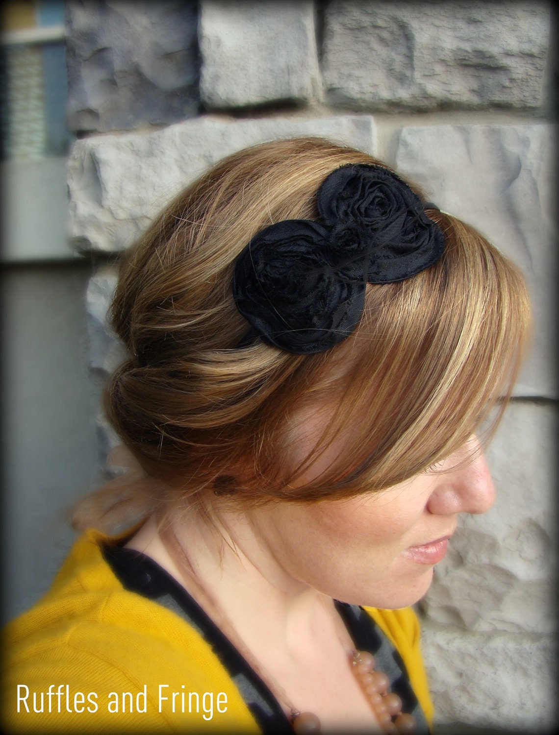 Adult Headband, Shabby Chic Bow in Black for Women and Girls