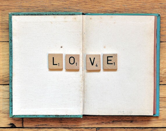 Scrabble Tile Photo, Book Love, 5x7 Print, Still Life Photography, Message, Wedding, Anniversary, Fine Art Photograph
