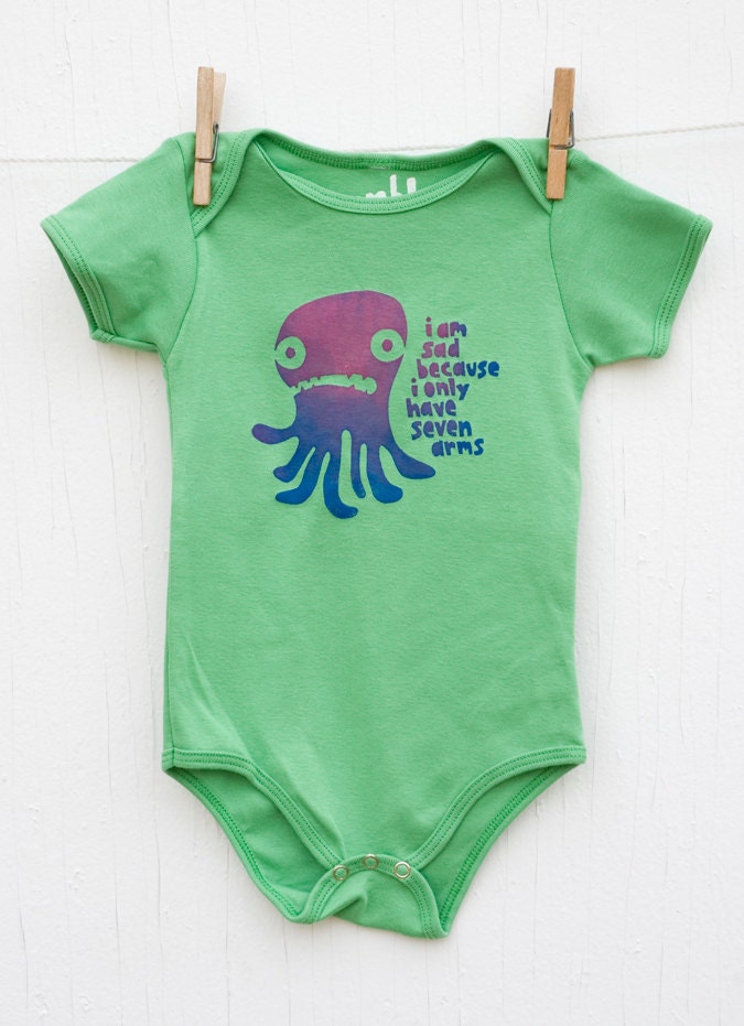 Sad Seven-armed Octopus Baby Onesie - hand printed infant one-piece creeper