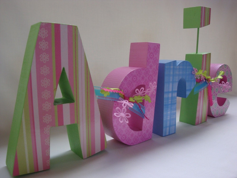 Set of 5 Custom Wood Letters Hand Painted and Decoupaged Any Name or Word Customized for your decor Free standing letters