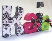 Set of 4 Custom Wood Letters, Nursery Letters, Children's Decor,  Baby Shower, Black and White, Hot Pink and Green Customized for you