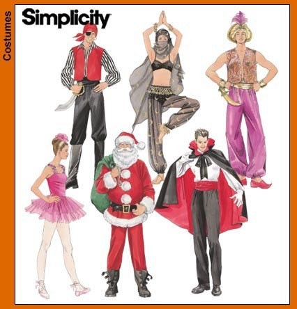 Simplicity Costume Pattern 9802 - Adult  Costume Variety - Pirate, Belly Dancer, Genie, Ballerina, Santa and Dracula - Sz S/M/L