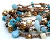 Beach Crochet Bracelet Surfer Chic Beaded Wrap trendy rope wrap layered necklace shell turquoise ivory gold summer fashion