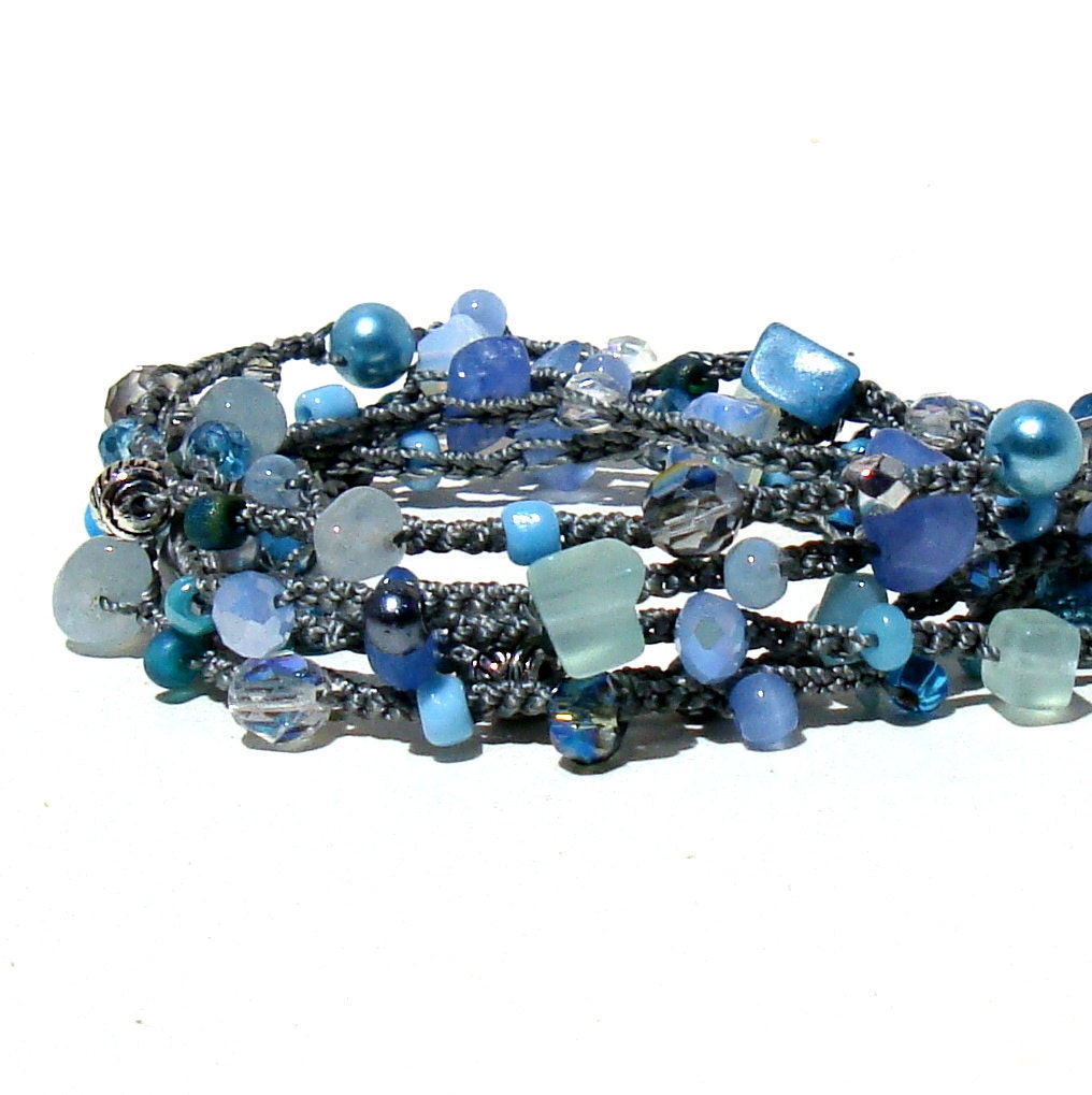 Surfer Chic Mermaid Blue Crochet Wrap Bracelet Long Beaded Lariat Necklace Beaded Crochet Jewelry fiber rope in STEEL & BLUE