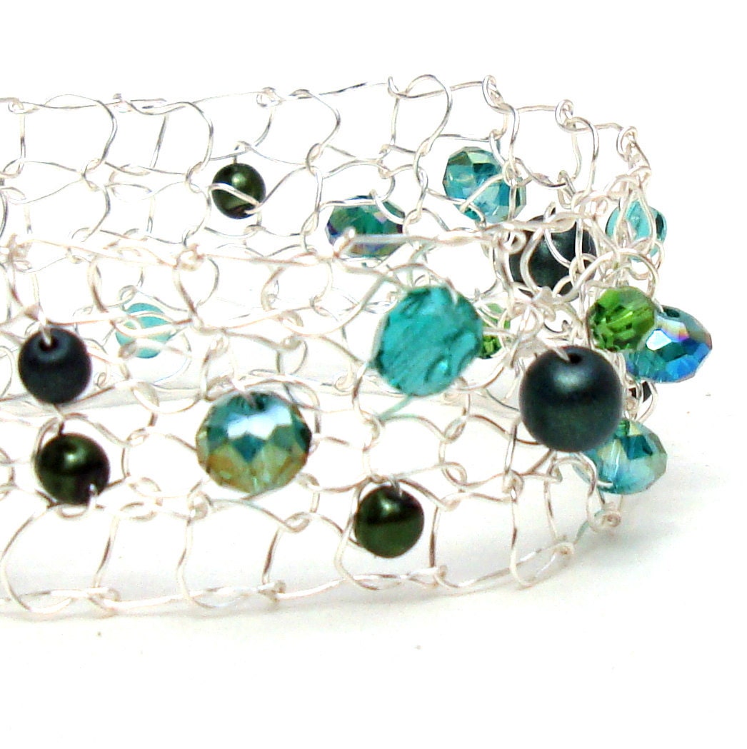 Emerald Green Pearl Cuff Bracelet Exclusive silver thin modern lace wire knit jewelry green forest olive