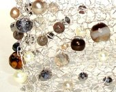 Botswana Agate Cuff Bracelet Modern Wide Silver Metal Mesh Natural Brown striped stone pearl crystal