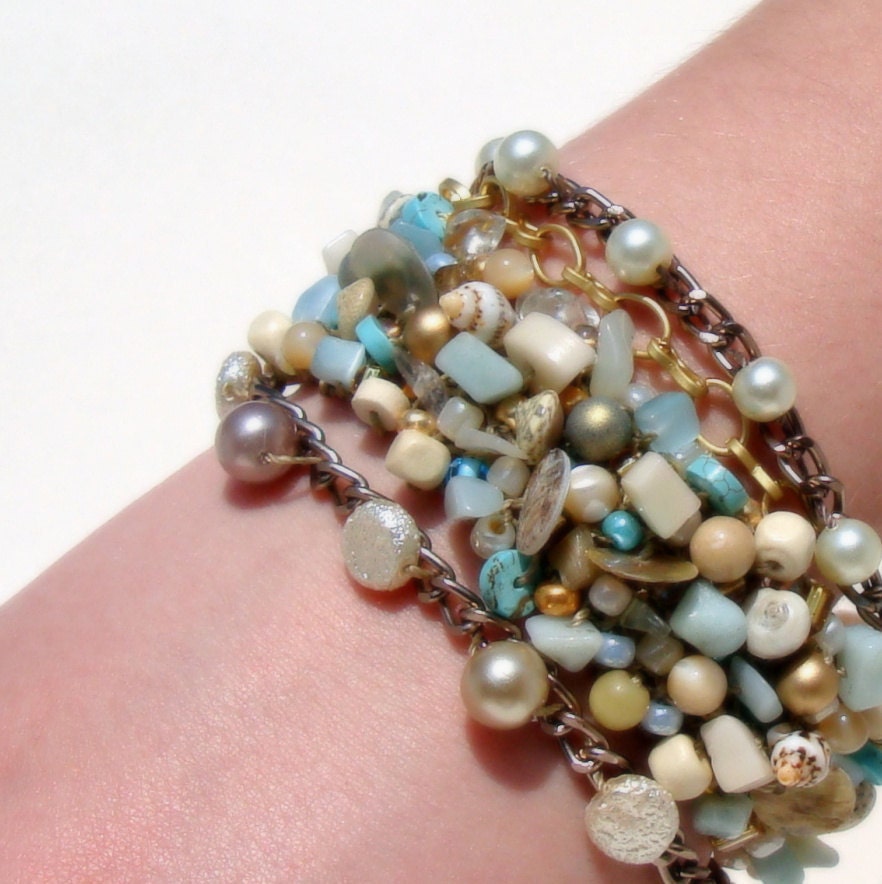 Big Beach Seashell Beaded Statement Bracelet Urban Chic Multi Chain Strands Shell Wide Cuff  Last One