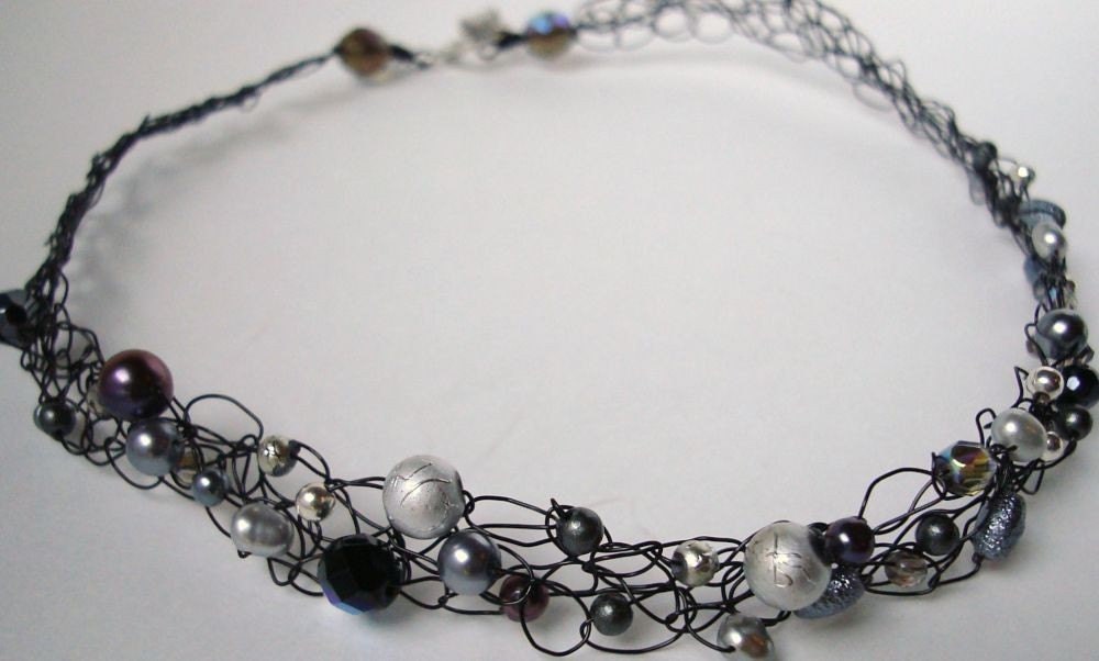 Black Pearl Necklace. Wire Knit Jewelry, Wedding Necklace, Collar by lapisbeach on Etsy with pearls and crystals