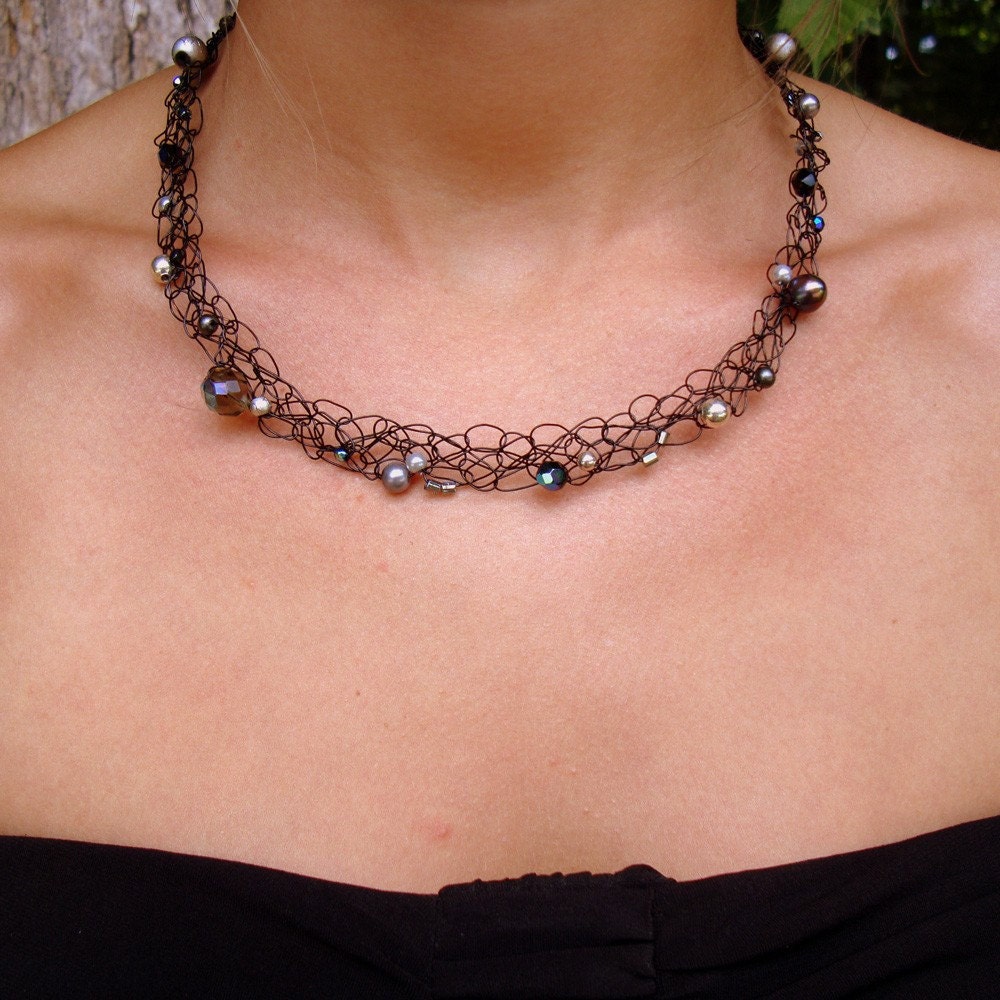 Black Pearl Necklace. Wire Knit Jewelry, Wedding Necklace, Collar by lapisbeach on Etsy with pearls and crystals