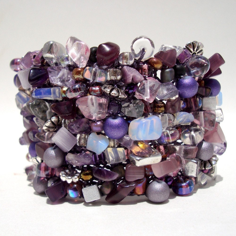 Amethyst Statement Cuff Bracelet Unique Purple Lavender Beadwork Beaded Arm Cuff Semi Precious Stone Hand Knit Jewelry Plum Glam Cuff