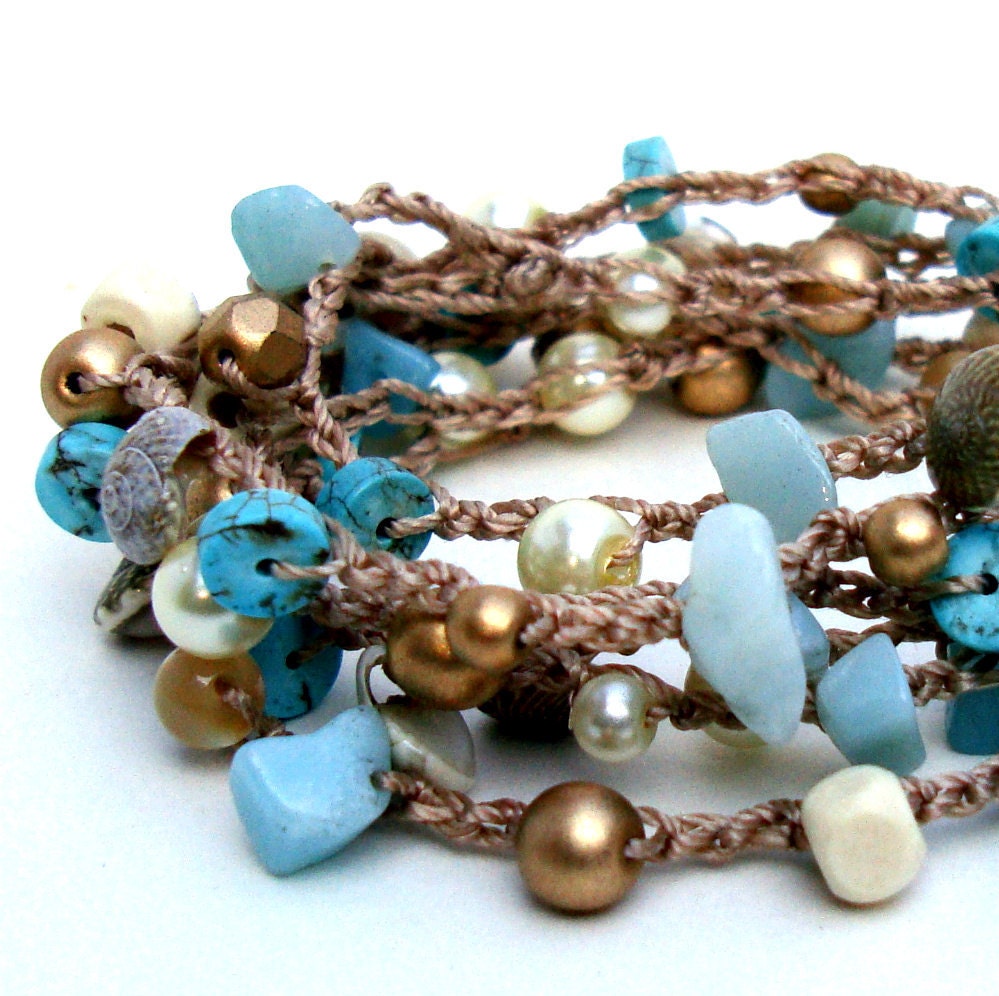 Beach Crochet Bracelet Surfer Chic Beaded Wrap trendy rope wrap layered necklace shell turquoise ivory gold summer fashion